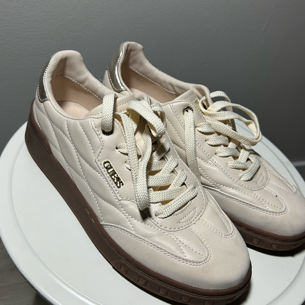 Guess Cream Quilted Sneakers with Brown Platform Sole